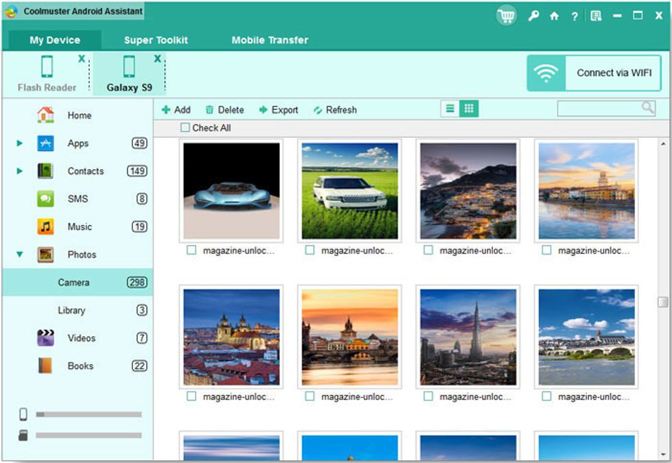 Look at the left menu, click on the "Photos" folder that contains those photos you want to transfer to your computer. After you have finished selecting, click on 'Export'.