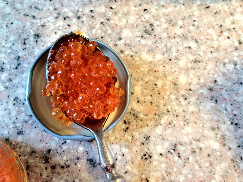 Look at this how absolutely wonderful nature is. These trout eggs will pop in your mouth and release a salty heavenly taste of the sea. Save some for garnish This is farmed trout by the way.