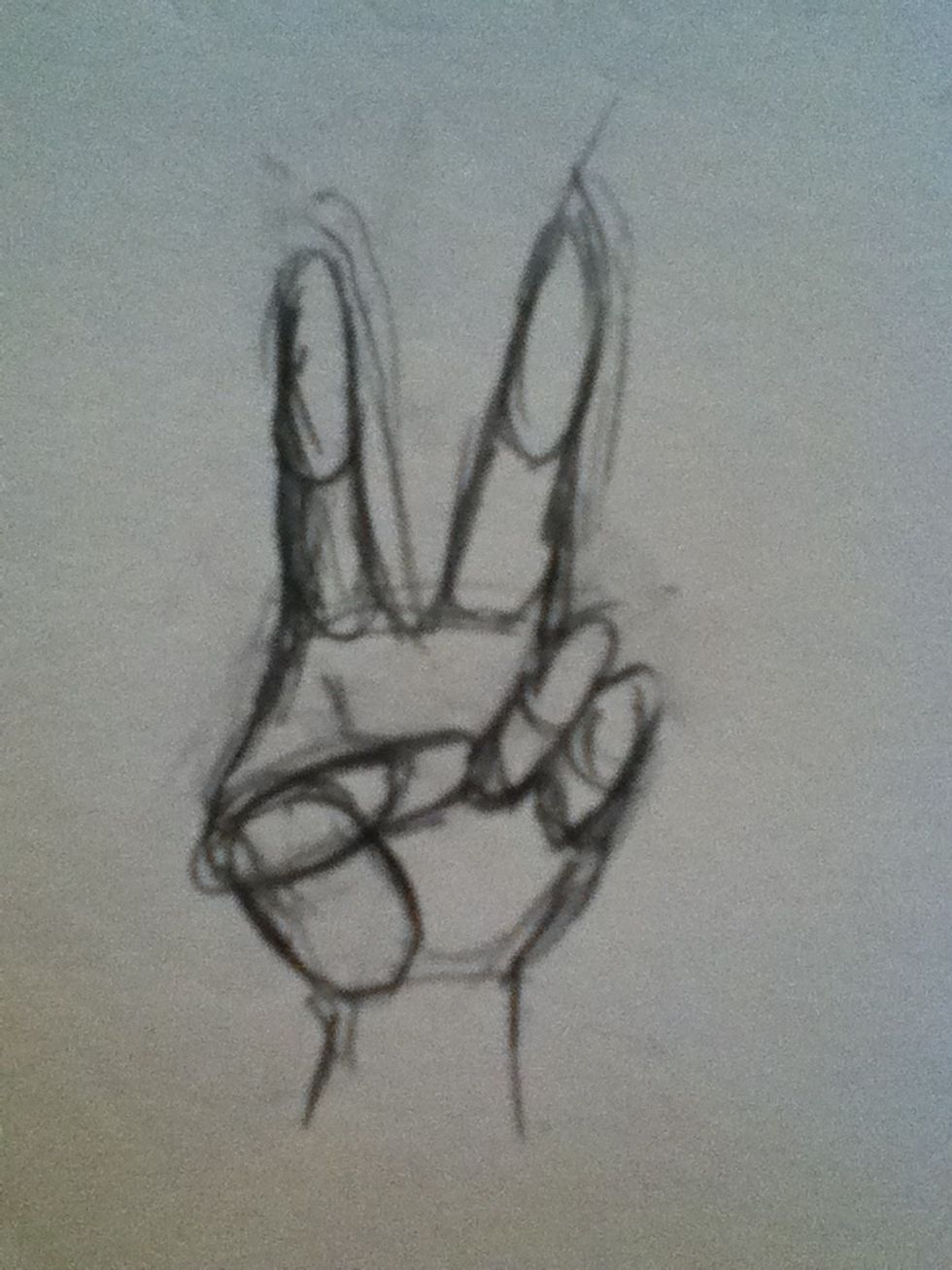 Look at your hand. Break down the shapes you see. Keep fiddling around until the shape are accurate. It's vital at this stage. This stage may be the trickiest. Use simple shapes an draw what you see!