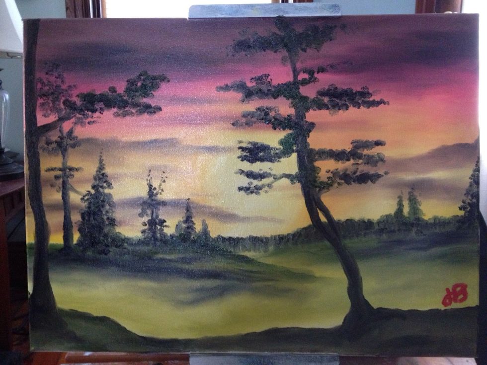 Look over the painting closely and from across the room. Make small adjustments as you see fit. I added more leaves to the foreground for more depth. Sign in the corner with red and your pinky.