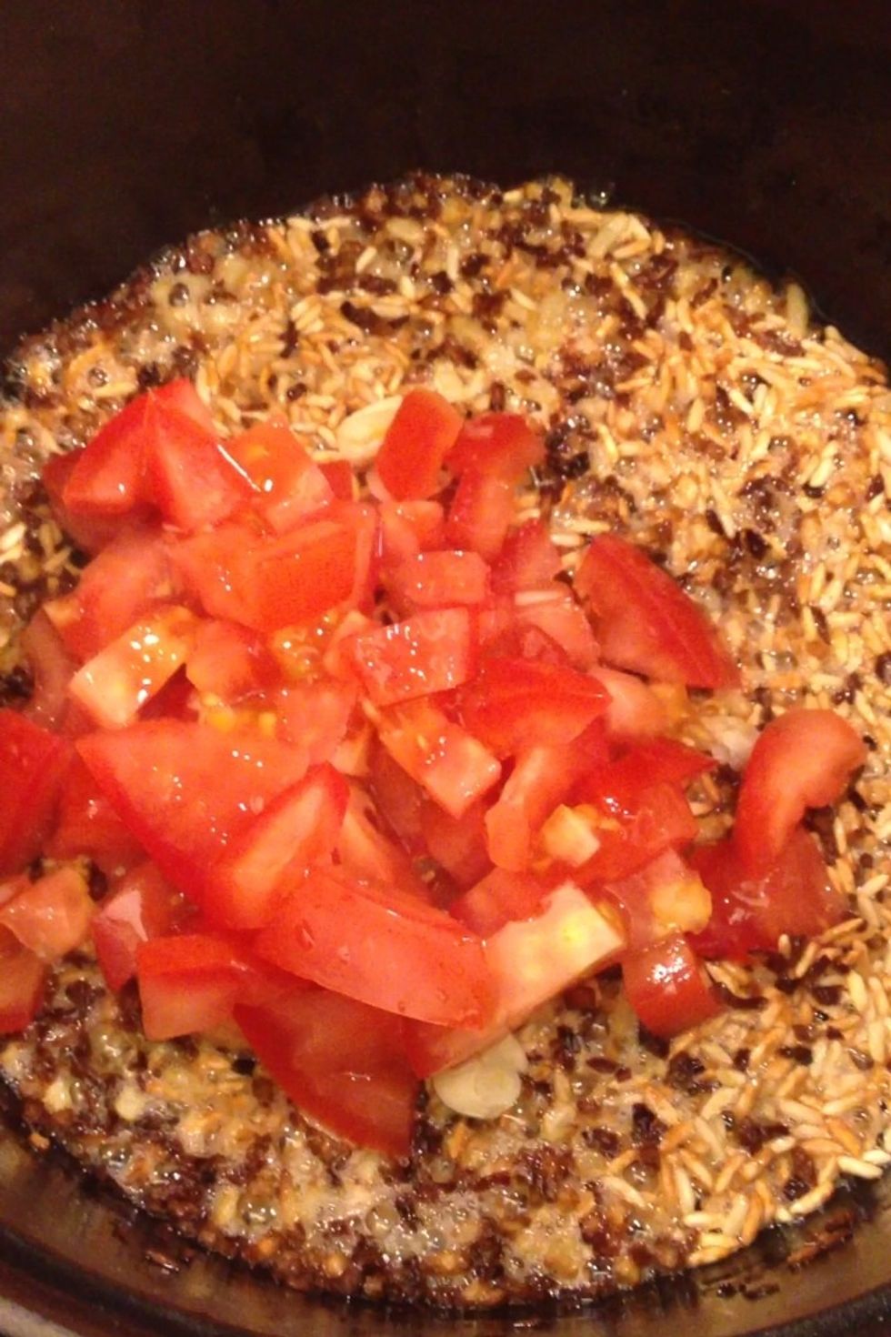 Looks pretty dark. Add the tomato and garlic. If you want to add spices that's fine too