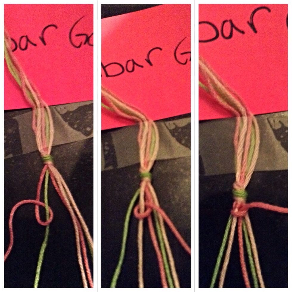 Loop strand A over and under B pull it tight by holding B and pulling up on A. Pull on A to the right and make it tight.