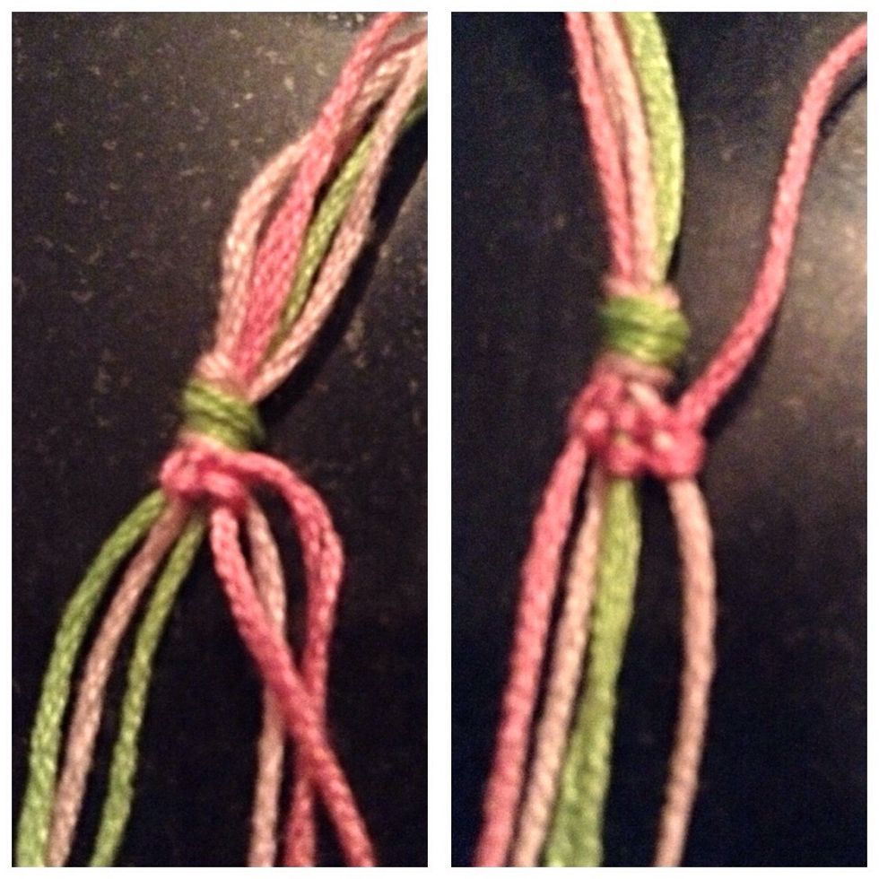 Loop strand A over and under B pull it tight by holding B and pulling up on A. Pull on A to the right and make it tight.