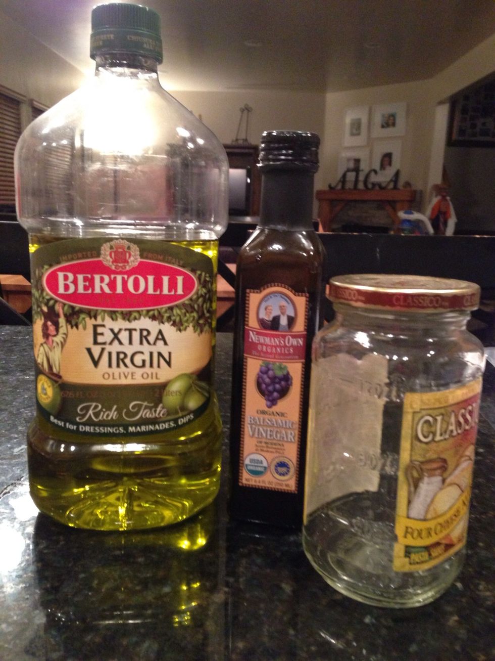 Low-fat balsamic vinaigrette: 1.Combine 1/2 c balsamic vinegar 2. 3tbs olive oil 3. 1 small garlic peeled and processed 4. Shake in Glass bottle with blender ball 5. Pour on salad. Calories 57,fat 5g