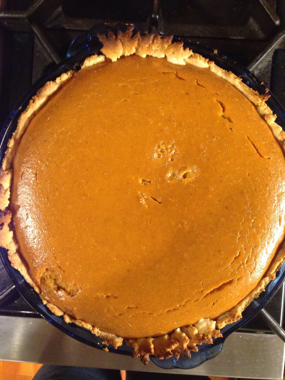 Lower temp to 325 F, and bake for another 45 min, or until knife inserted in center comes out clean. :) Let chill overnight, or at least 3 hours in refrigerator.