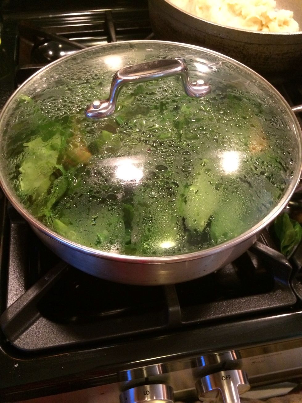 Lower the heat and put a lid on the pan for a minute or two. Dont walk away this is quick \u263a\ufe0f. We will wait until it has wilted