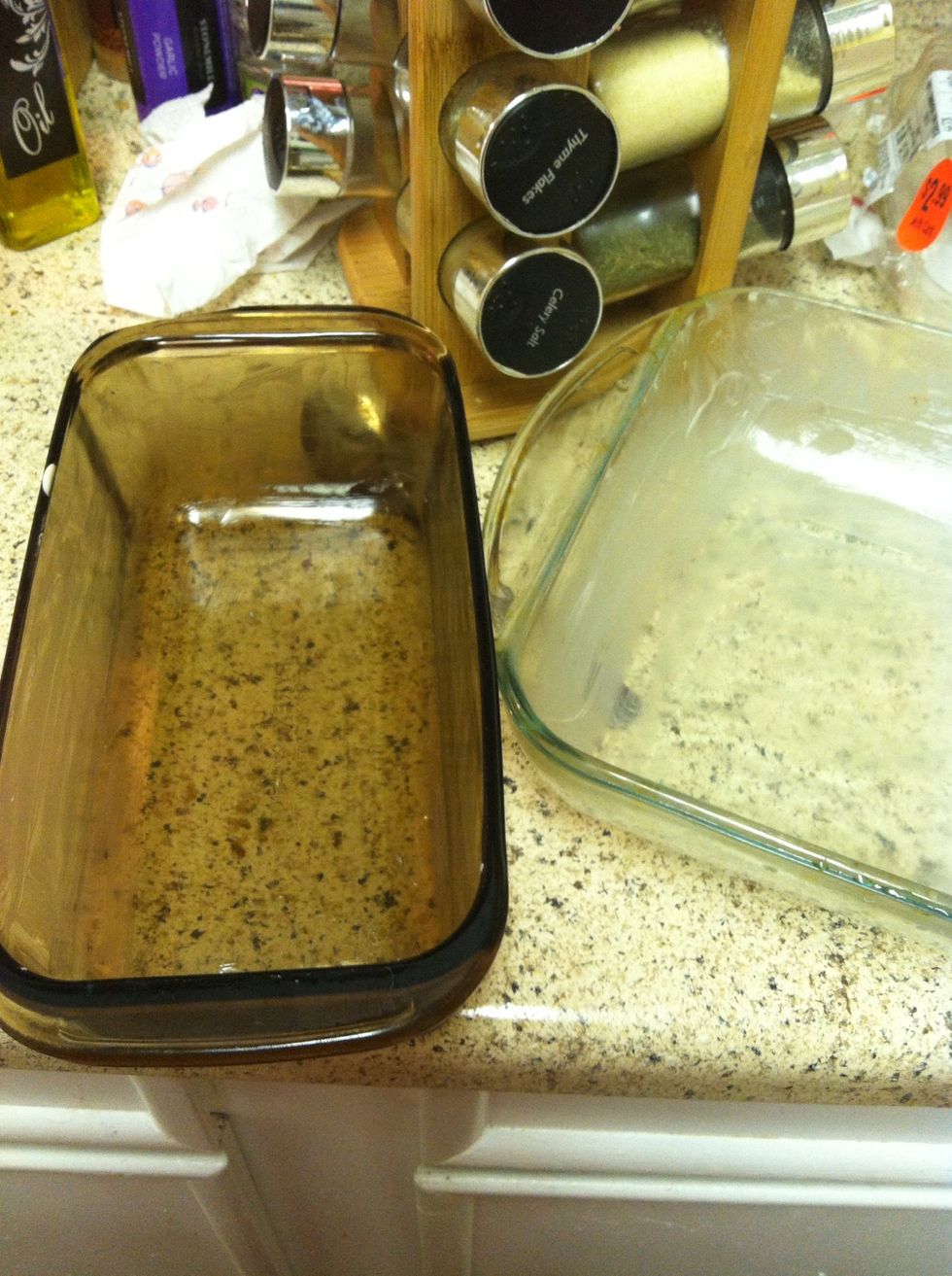Lubricate your chosen baking vessel in your favorite way. Today I'm buttering glass baking dishes. I'm only using two because I was testing which was better. Result: the square was better.