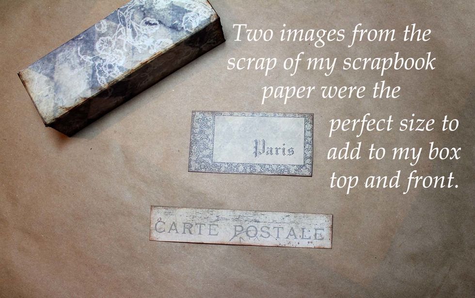 Luckily I had perfect cutouts I could use from the scrap of my paper to add to my platform box. I distressed them before I glued them on.