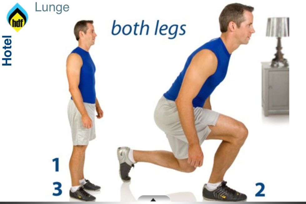 Lunge: 1-start stand upright, arms to side. 2- take a step forward dropping back knee to a fist width off floor. Torso slightly leaning forward,most weight in front leg. 3-push off using front foot.