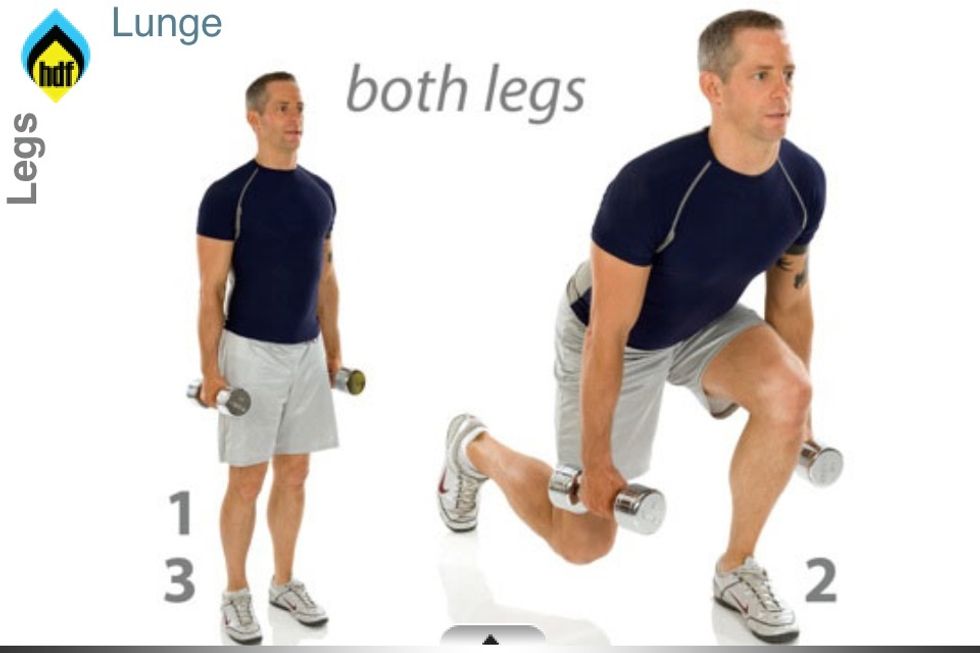 Lunge: 1-start stand upright, arms to side. 2- take a step forward dropping back knee to a gist width off floor. Torso slightly leaning forward, most weight in front leg. 3-push off using front foot.