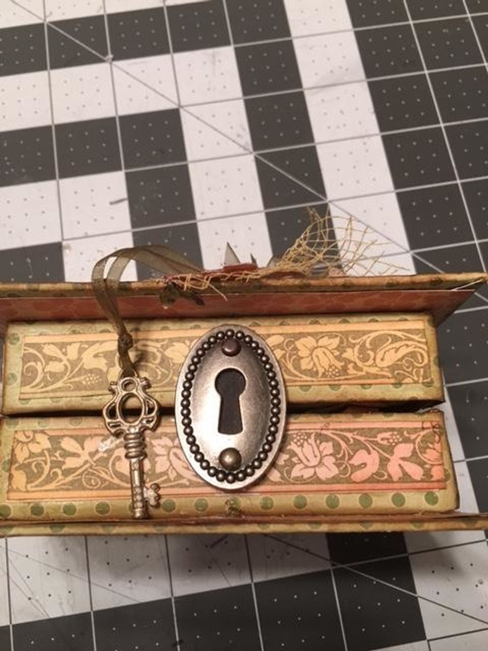 Magnetic Closure: Add black cardstock to the back of a key hole. If your box is already patterned on the inside, glue the top portion only to the top part of the box.