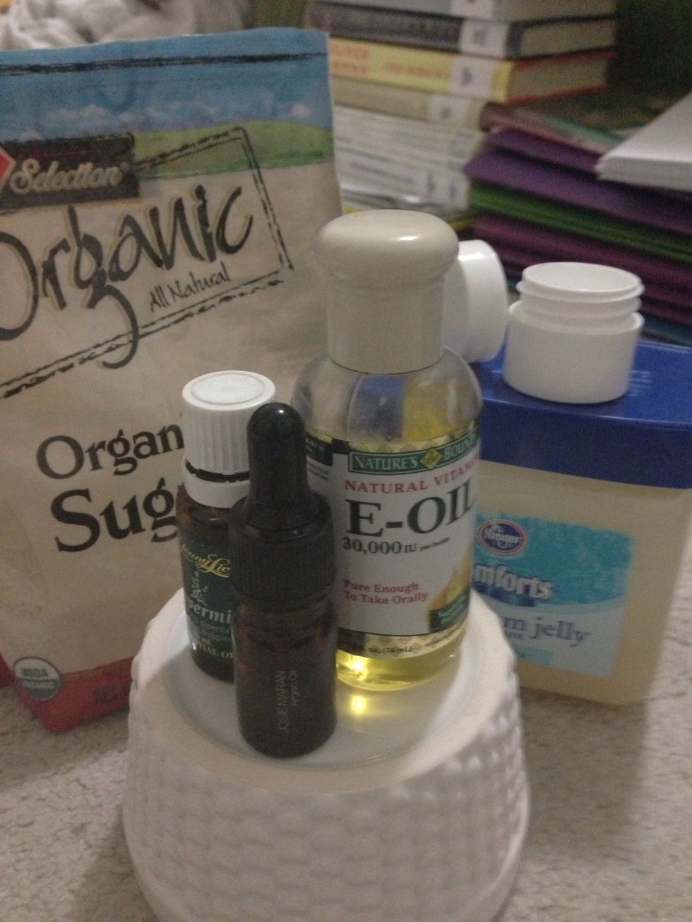 main components = Vaseline, organic sugar and some essential oil like peppermint Extra oils you can use = pure argan, vitamin-E, coconut, jojoba etc.