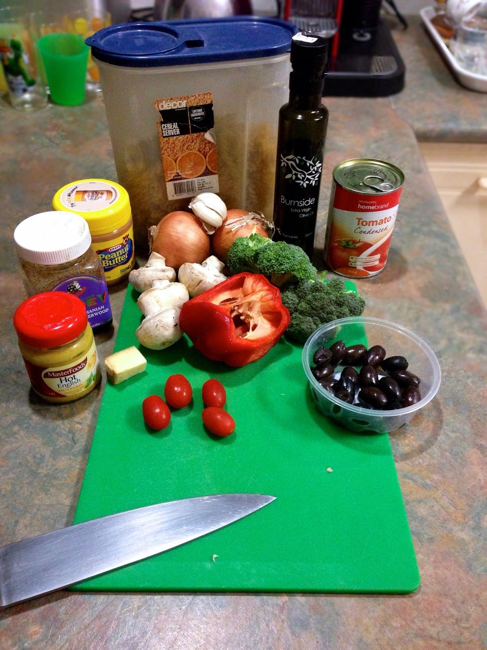 Main ingredients are pasta, tomato soup, onions and bacon. Then add what you have in fridge.