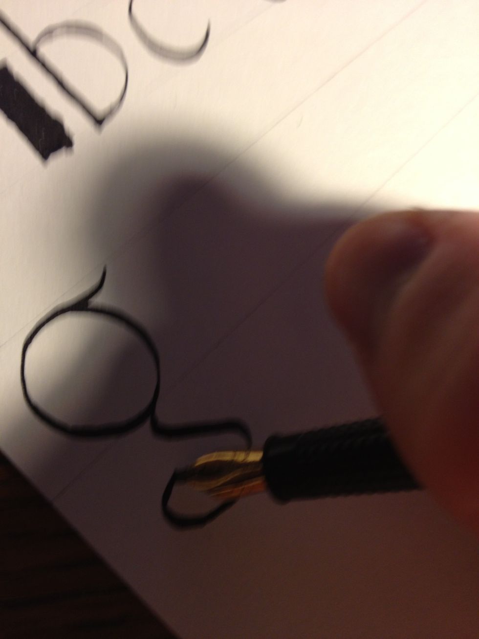 Maintaining nib angle, create the lower half of the "g"; short stroke to the left, a longer one to the right, and then a trough under them both.