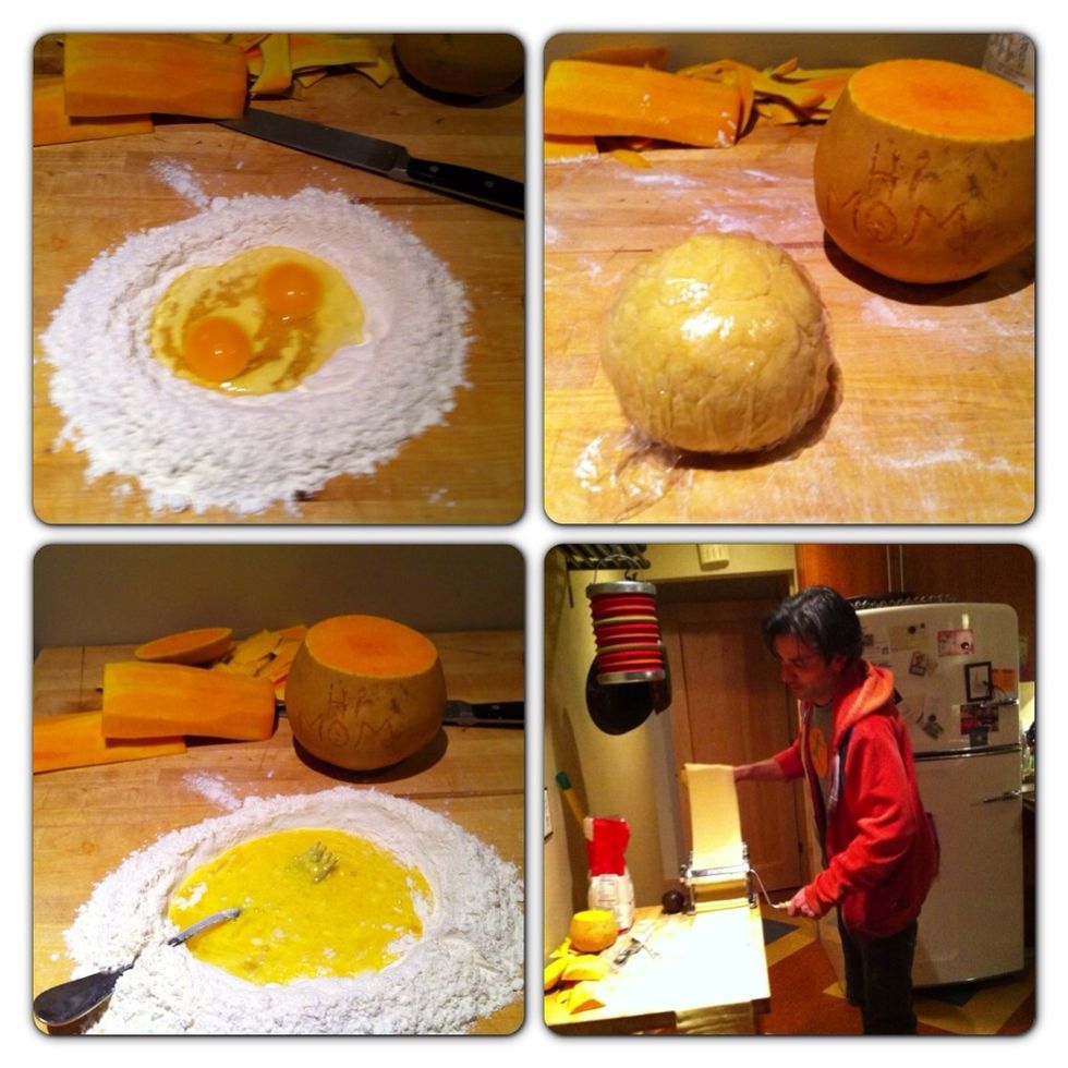 Make 1/2 order of fresh pasta. 1&1/2c flour and 2 eggs should do. Make a well w/flour & egg... blend. Knead for 10 min and rest for 30 in plastic wrap. Roll to thinnest setting on pasta machine.