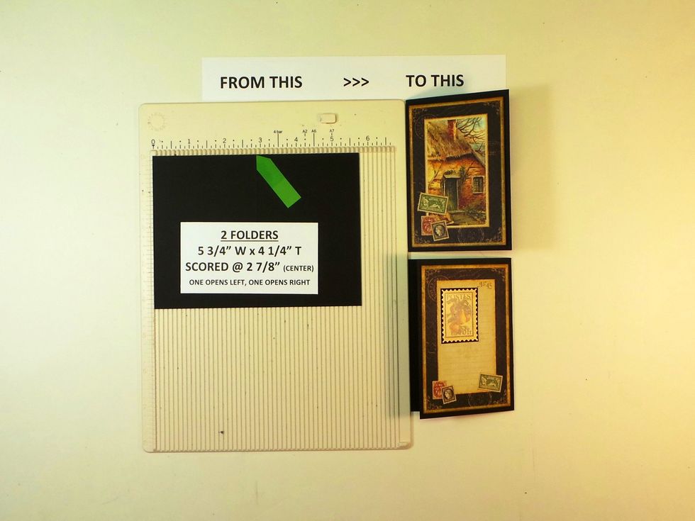 Make 2 Folders. Cut black cardstock 5 3/4" W x 4 1/4" T and score in center (2 7/8"). Add cut-apart from 8x8 pad to front (1 opens left, other right. There is room for two 2x3 photos in each folder
