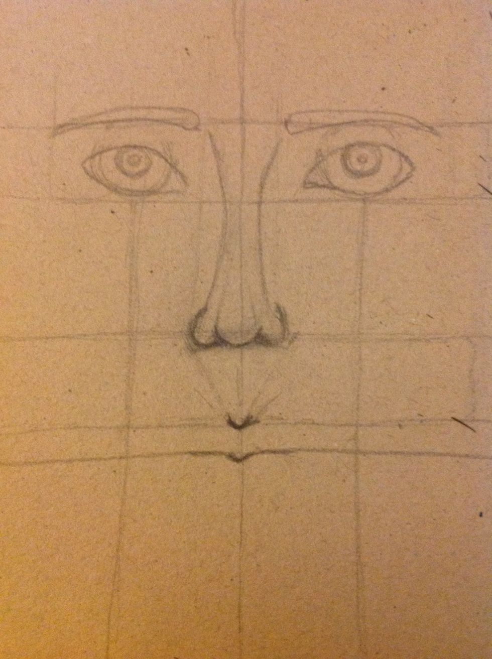 Make 2 lines that come down from the middle of the eyes. Draw an horizontal line that marks the high of our lips.  These new lines will show us the wight of the mouth.
