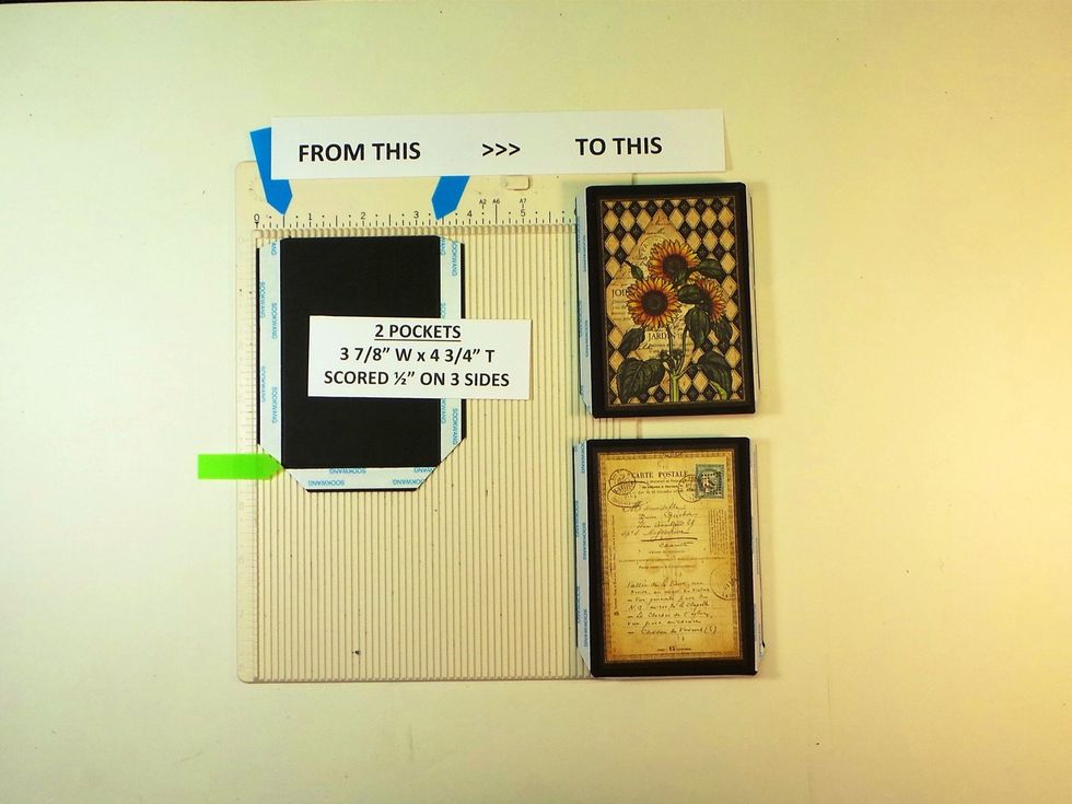 Make 2 pockets. Cut 3 7/8" W x 4 3/4" T. Score @ 1/2" on 3 sides. Add Scor-Tape to scored edges and miter corners. Add a cut-apart from 8x8 pad to the side with Scor-Tape. Fold on score lines.