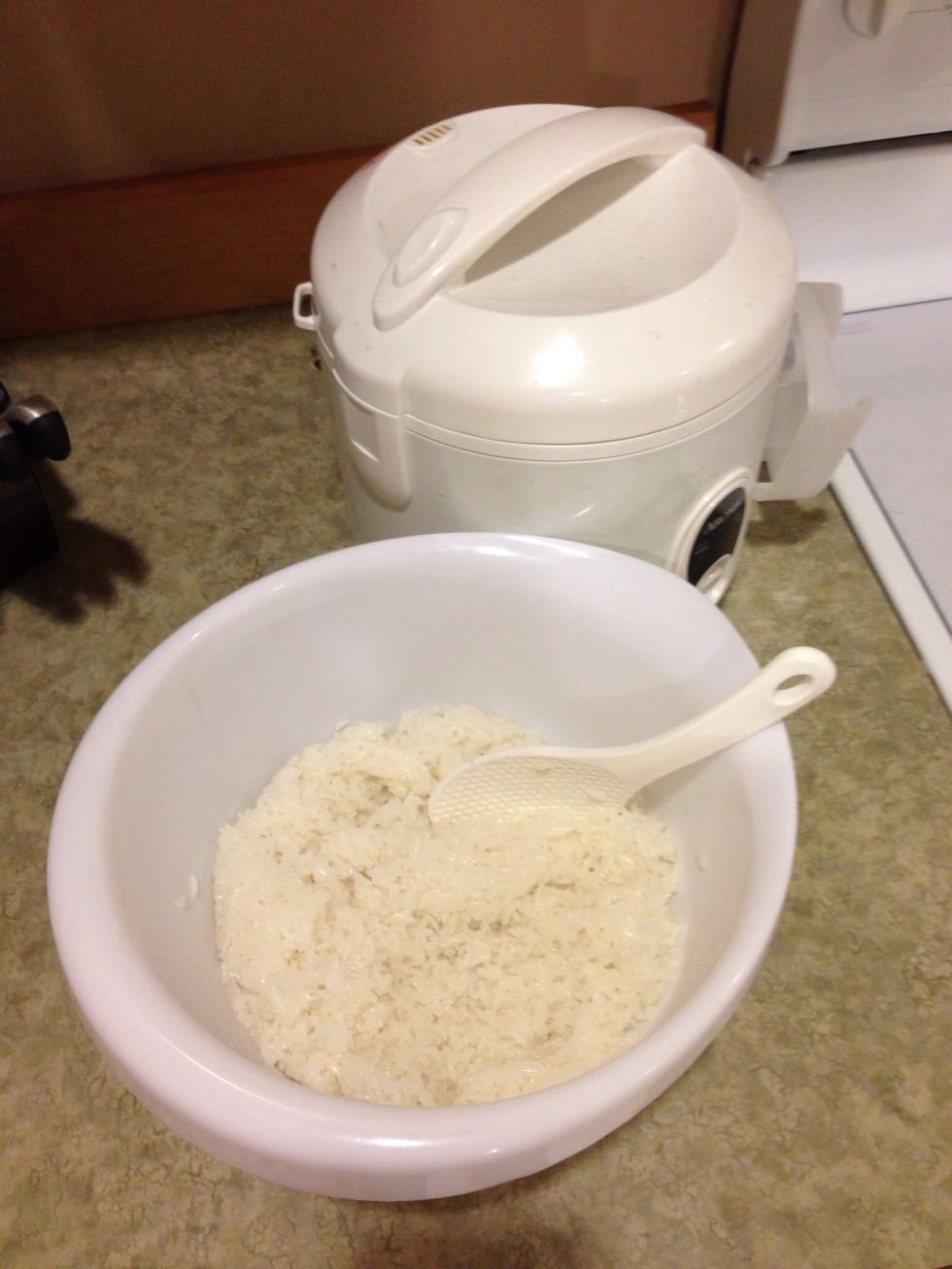 Make 3 cups sticky white rice and put in bowl with rice vinegar.   add vinegar sparingly to your liking and let rice cool down