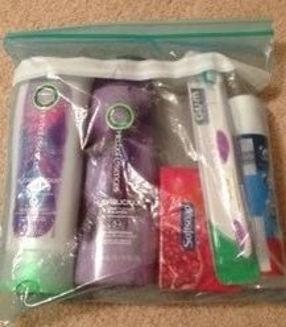 Make a "blessing bag" of beauty supplies and donate to a shelter or hand to homeless people on the street. You can also add things like candy, Chapstick, gloves, and money, too.