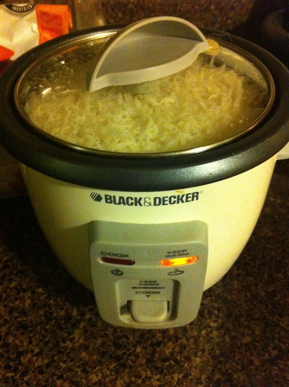 make a full pot of rice. fill it up to the top if your rice cooker is small like ours. let it cook while you prepare everything else.