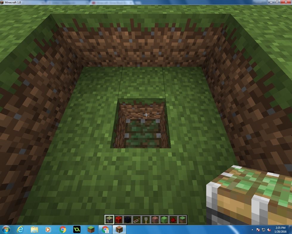 Make a hole in the middle of it, make the hole go 2 blocks down. Place your first Sticky Piston facing upward.