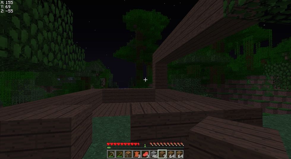 Make a house I recommend 6 by 7 blocks out of wooden planks, you can collect sand and you will be able to make windows with it when you smelt it. Be careful at night time, there are monsters.