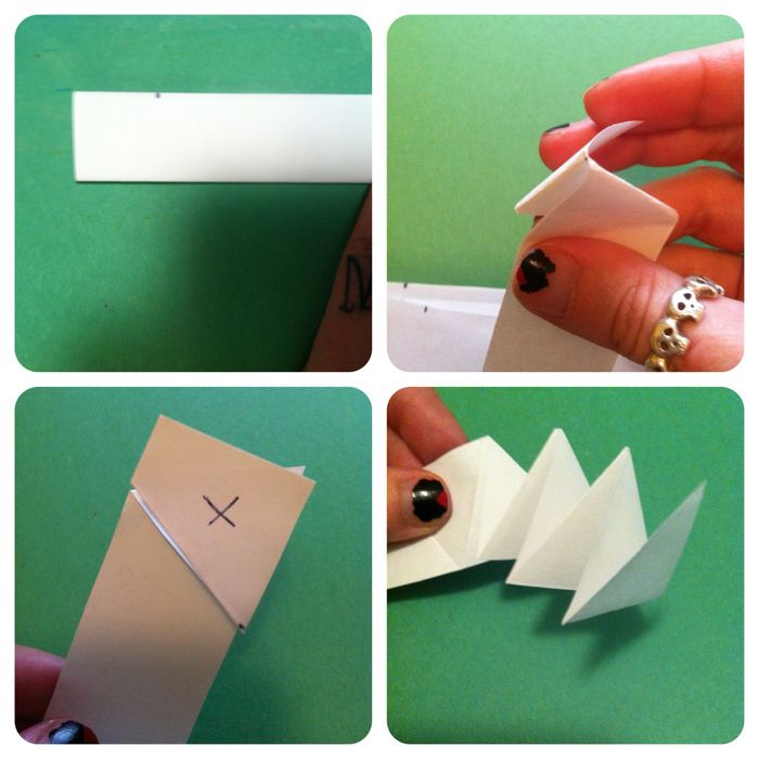 Make a mark to use as guide for tip of triangle. Fold short end back & long piece forward, aligning their edges = equilateral triangle. Cut short piece off & continue zig zag folding the strip