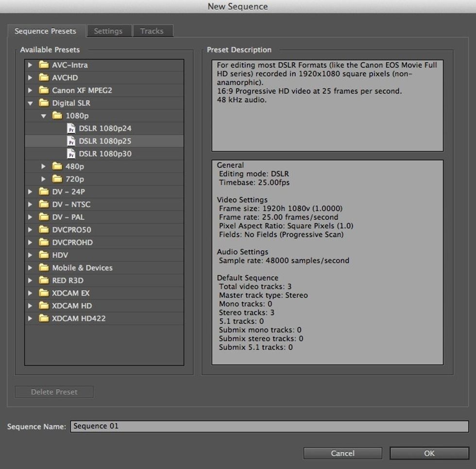Make a new project using the Digital SLR presets.