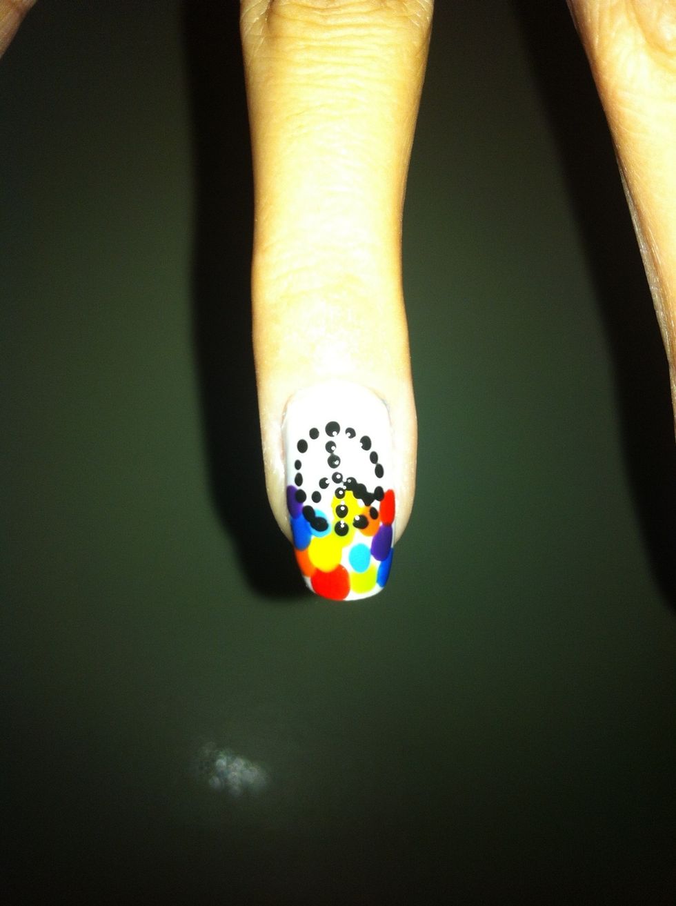 Make a peace simbol with black nail polish using dots on your ring finger.