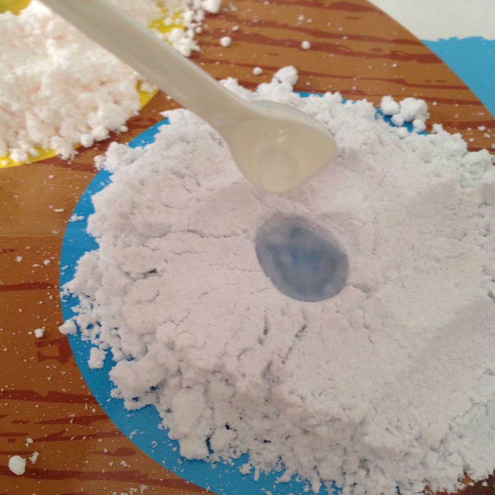 Make a reservoir into each powder and repeat the process --one spoonful of water into the tiny reservoir