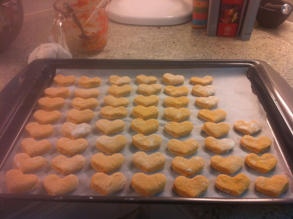Make a shape out out of them and put them on a nonstick pan and bake for forty minutes.
