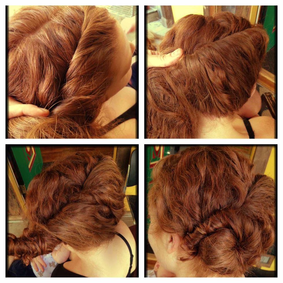 Make a side part. On the heavy side of the part at the hairline, start twisting upwards towards the top of your head.