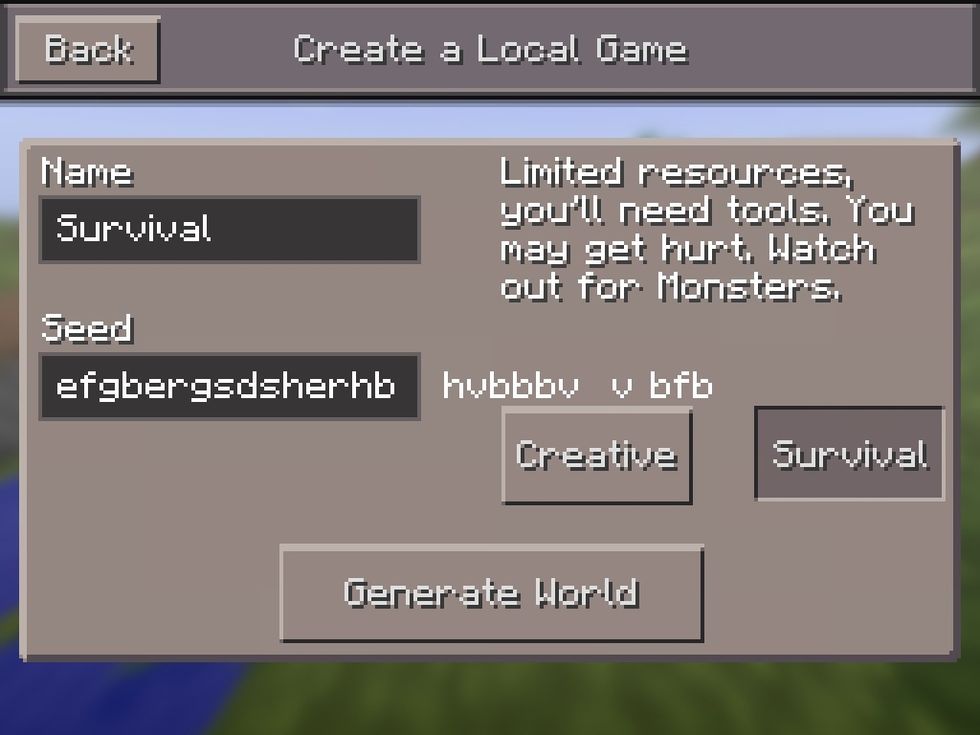 Make A Survival World With a Random Seed And Tap Generate World