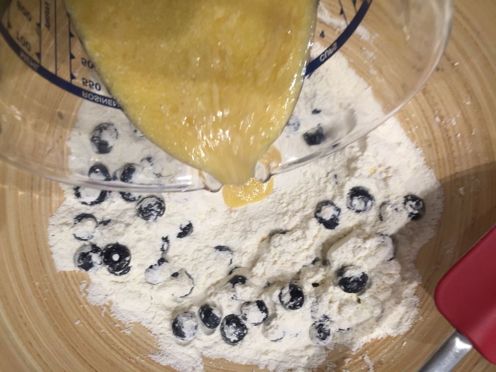 Make a well. Add the wet ingredients