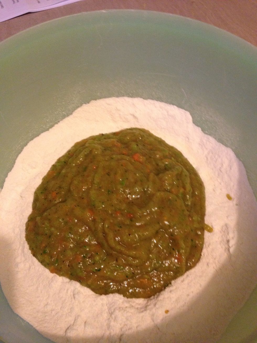 Make a well in the centre of dry ingredients and pour in the puree