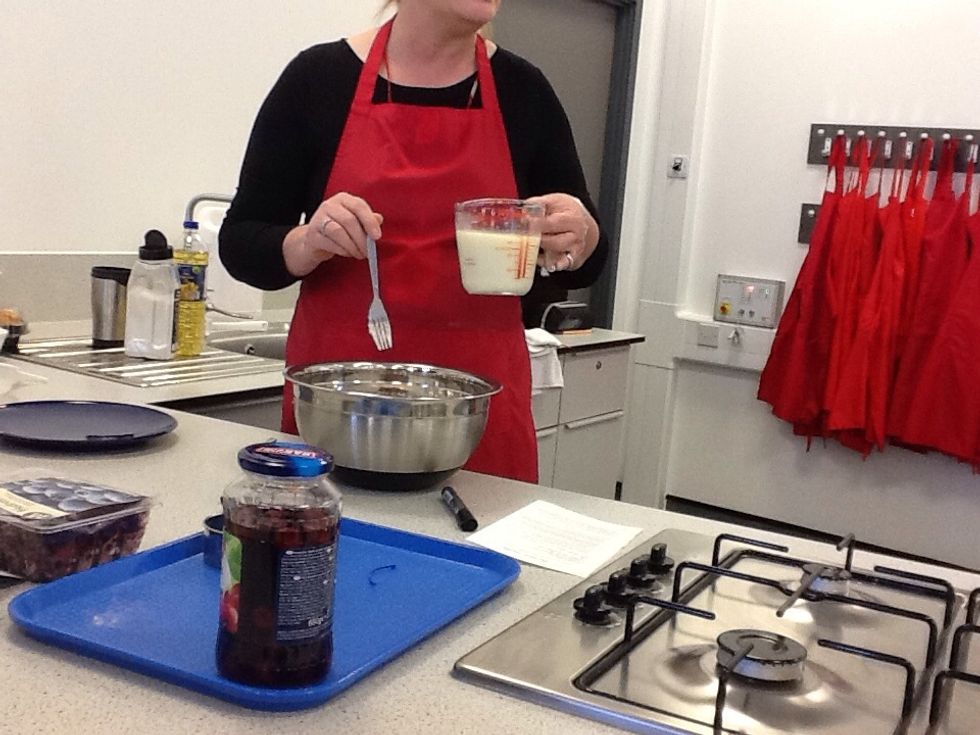 Make a well in the dry ingredients and pour the liquid into the well and stir for 30 seconds.