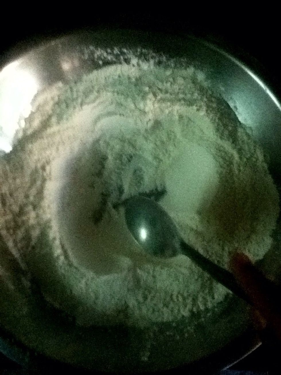 Make a well in the middle of the bowl of the dry ingredients
