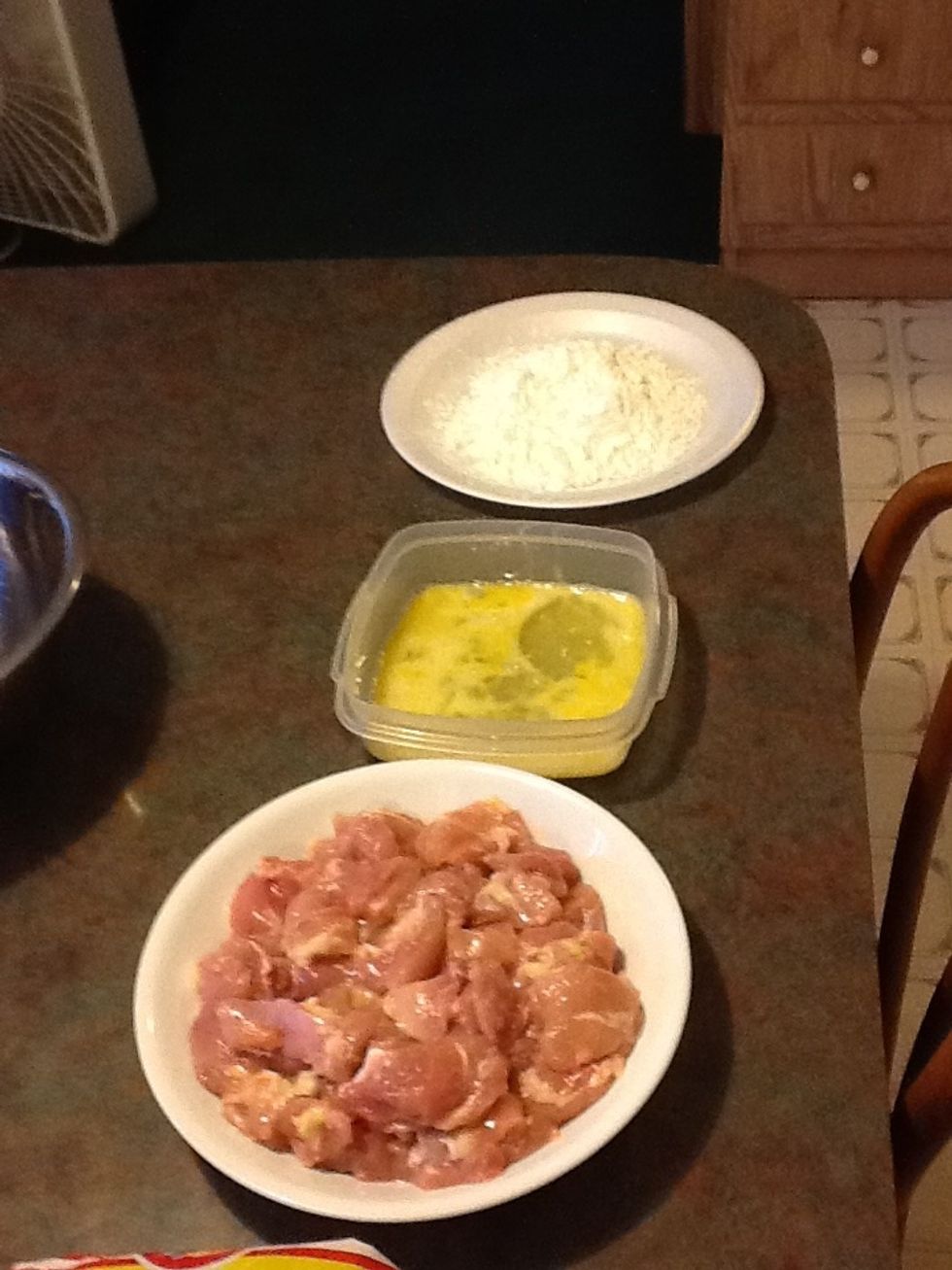 Make an assembly line of chicken, beaten eggs and corn starch. Dip chicken in eggs then corn starch.