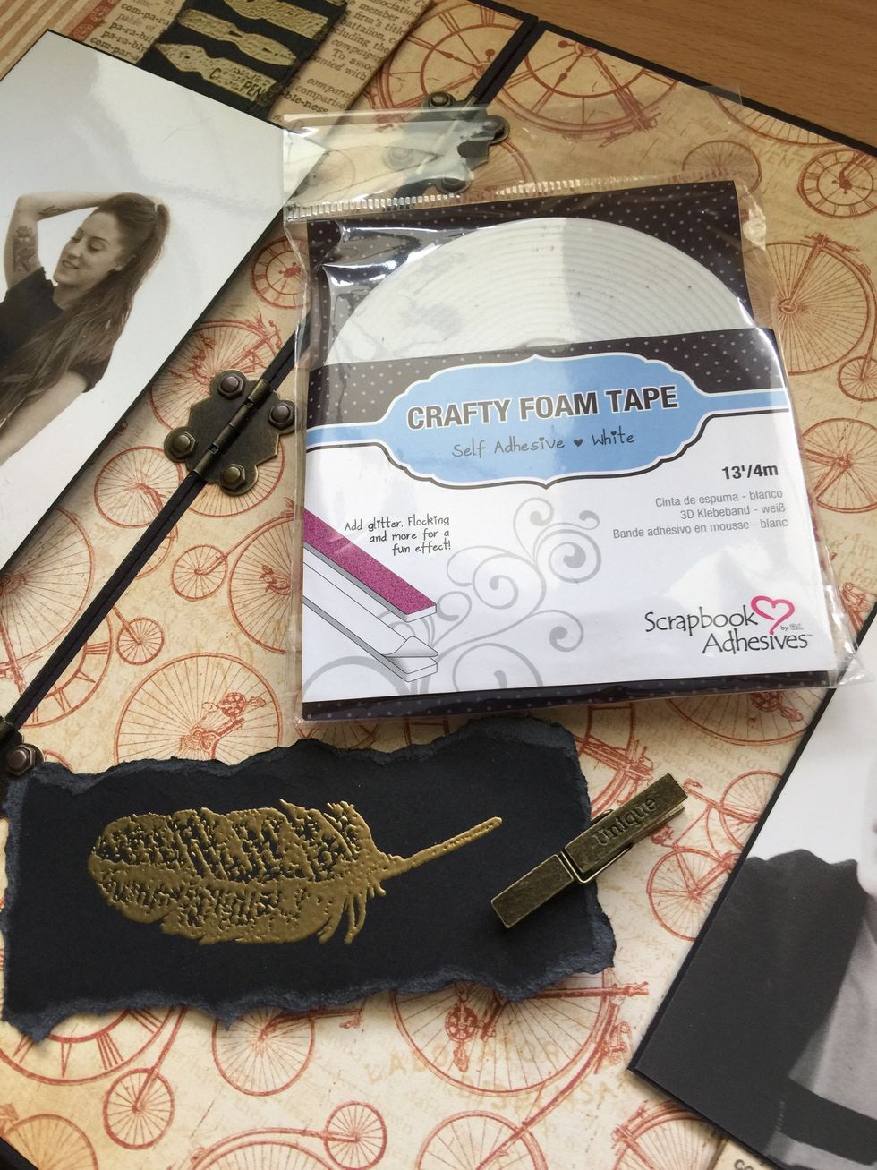 Make another piece of cardstock with embossing. Add crafty foam tape and a metal clothespin.