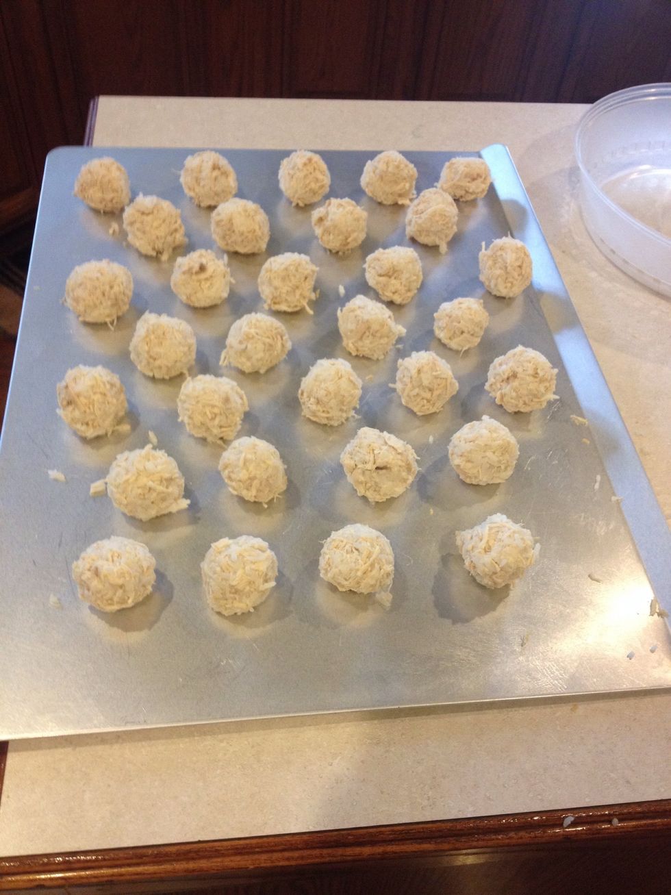 Make balls, best with hands so rice doesn't stick to an implement. Some cookie sheets can use a slight spray. The type I'm using here does not