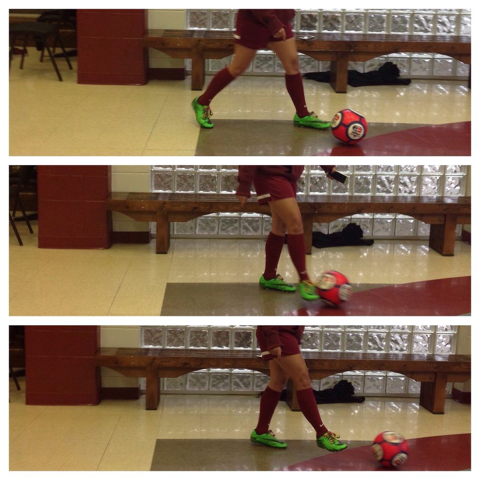 Make contact with the ball, use steps 5-7 to help set up to kick to ball. Kick either the top of middle of the ball for a better pass.