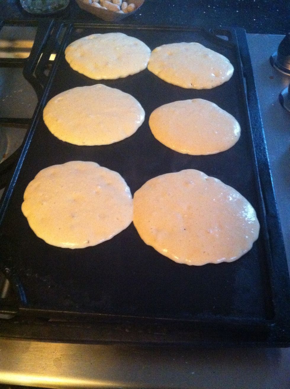 Make pancakes on griddle, when bubbles appear you are ready to flip.