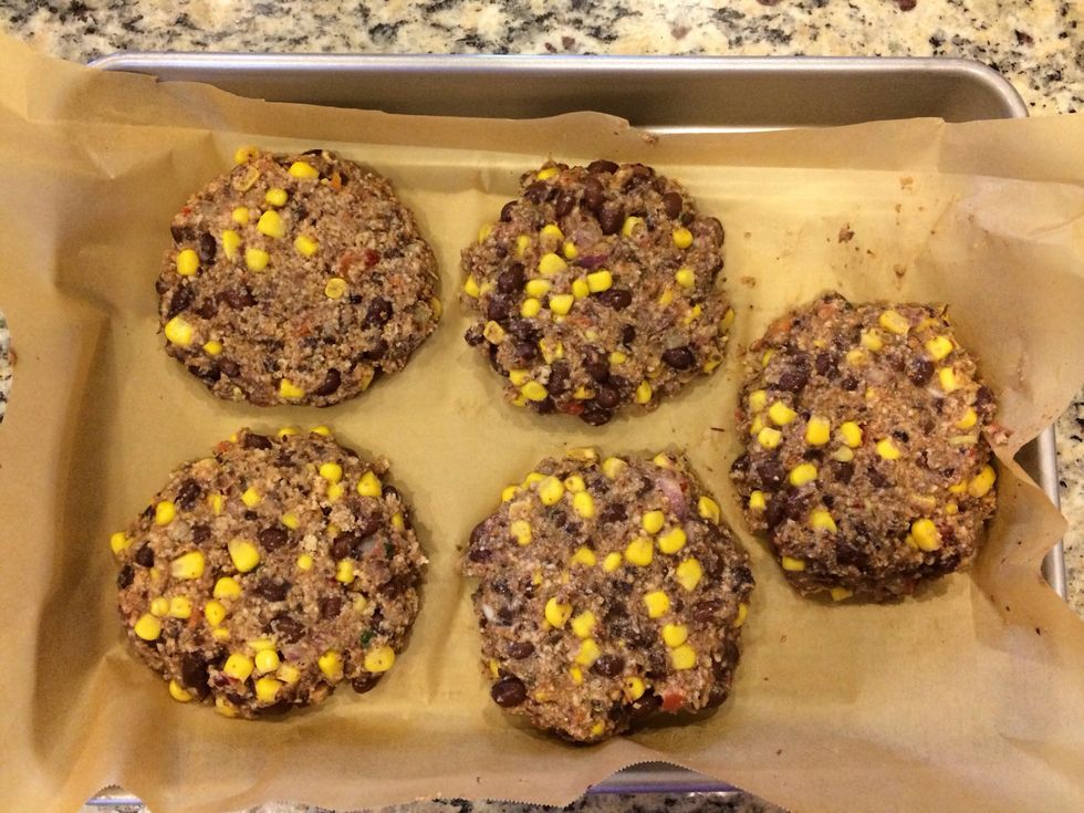 Make patties out of the mix and place on lined sheet. I got 10 patties out of my mix