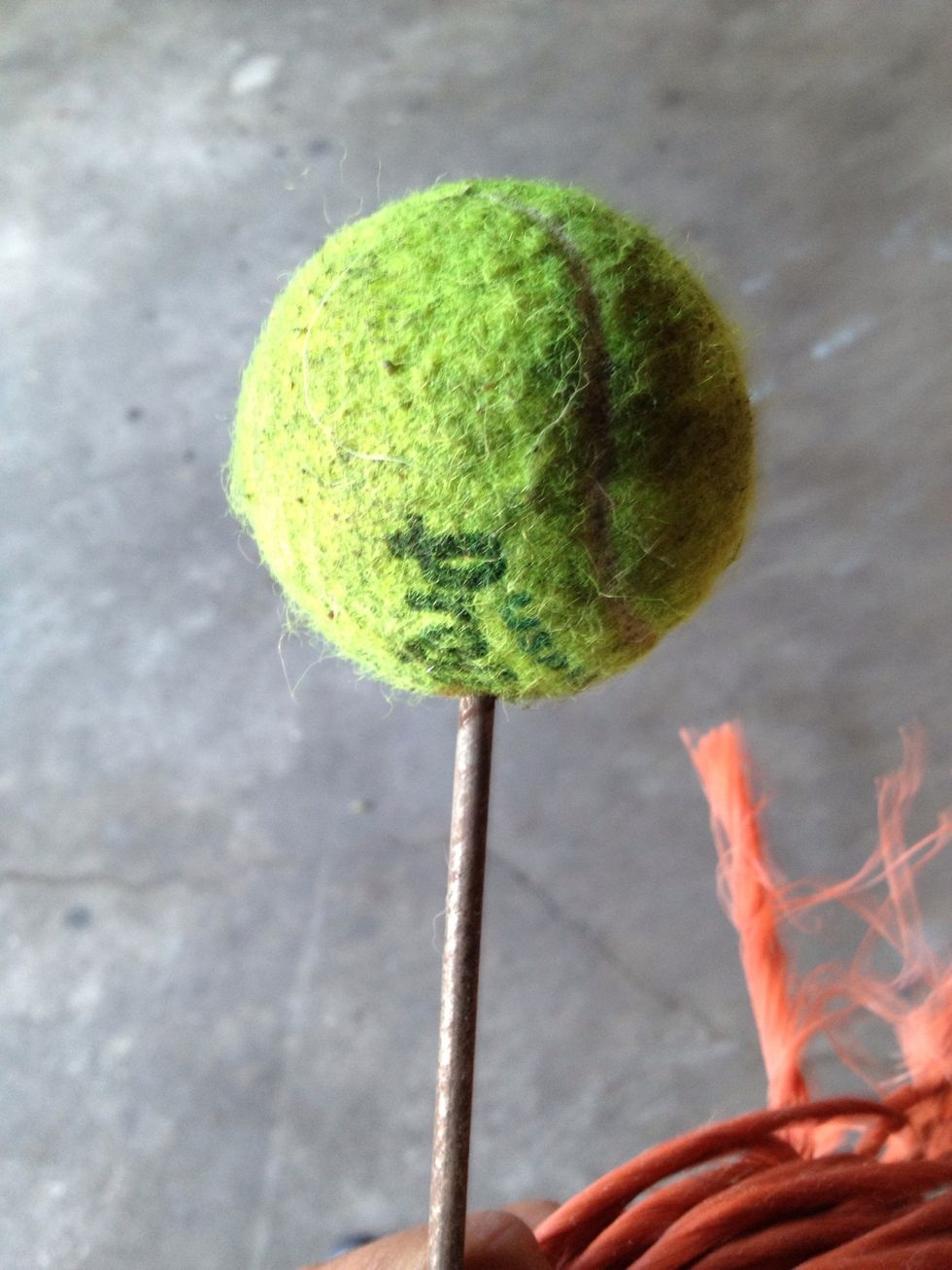 Make puncture big enough to put cord/string thru but not to big or else it will come right out if dog gets hold of it.