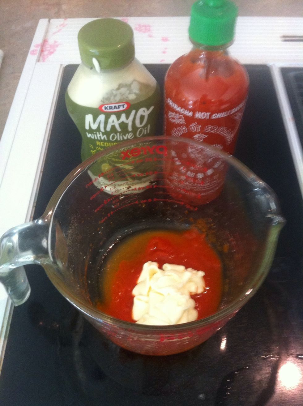 Make spicy mayo. 1/2 cup mayo tbs siriacha mix till smooth. I add a little rice vinegar( splash) some don't, your call. Staple for sushi but great on everything... Keep in fridge good for a week.
