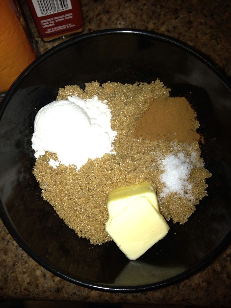 Make Streusel by combining: 5 tbsp brown sugar 1 tbsp flour 1 tbsp butter 1 tsp cinnamon 1/8 tsp salt Heat in microwave 30 sec