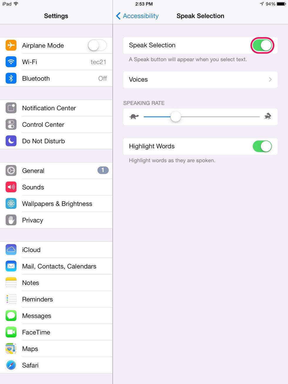 Make sure it is turned on. Note the options you can adjust to customize your reading experience.