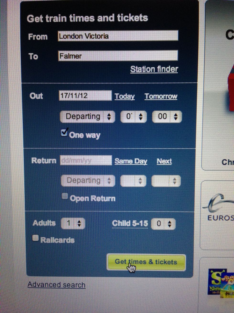 Make sure that the "departing" time is 0700. Make sure that "one way" is selected. If you have a young person's/16-25 railcard then you can add it on at the bottom. Press "Get times & tickets".