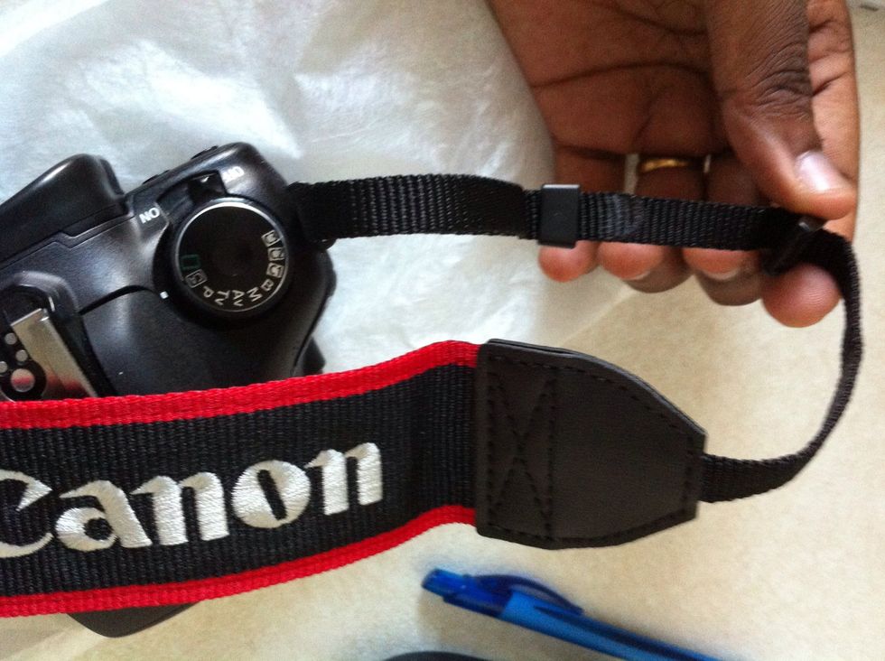 Make sure that the text canon side will face u such that when put the strap on ur neck the canon text has to be visible from back